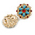 25mm D/ Vintage Inspired Blue/ Red Acrylic and Crystal Bead Floral Stud Earrings in Gold Tone - view 2