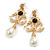 Victorian Style Faux Pearl and Black Acrylic Bead Light Gold Tone Drop Earrings - 65mm L - view 2