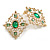 Victorian Style Green Crystal White Faux Pearl Diamond Shape Stud Earrings in Gold Tone - 35mm Tall