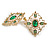 Victorian Style Green Crystal White Faux Pearl Diamond Shape Stud Earrings in Gold Tone - 35mm Tall - view 8