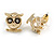Set of 3 Stud Earrings in Gold Tone Owl/Flower/5mm Round Clear Crystal Bead - view 8