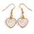 Small Off White Enamel Heart Drop Earrings in Gold Tone - 35mm Long