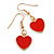 Small Red Enamel Heart Drop Earrings in Gold Tone - 35mm Long - view 2