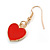 Small Red Enamel Heart Drop Earrings in Gold Tone - 35mm Long - view 5