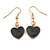 Small Black Enamel Heart Drop Earrings in Gold Tone - 35mm Long