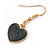 Small Black Enamel Heart Drop Earrings in Gold Tone - 35mm Long - view 4