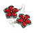 Aged Silver Tone Red Ceramic Bead Flower Drop Earrings - 50mm L - view 3