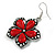 Aged Silver Tone Red Ceramic Bead Flower Drop Earrings - 50mm L - view 4