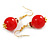 Red Acrylic/ White Pearl Bead with Red Crystal Ring Drop Earrings in Gold Tone - 50mm L - view 4