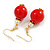Red Acrylic/ White Pearl Bead with Red Crystal Ring Drop Earrings in Gold Tone - 50mm L - view 2
