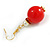 Red Acrylic/ White Pearl Bead with Red Crystal Ring Drop Earrings in Gold Tone - 50mm L - view 6