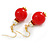 Red Acrylic/ White Pearl Bead with Red Crystal Ring Drop Earrings in Gold Tone - 50mm L - view 5
