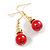 Red Glass/ Gold Acrylic Bead with Red Crystal Ring Drop Earrings in Gold Tone - 50mm L - view 4