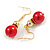 Red Glass/ Gold Acrylic Bead with Red Crystal Ring Drop Earrings in Gold Tone - 50mm L - view 2