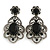 Victorian Style Filigree Black Crystal Clip On Earrings in Aged Silver Tone - 45mm L - view 2