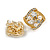 Square Clear Crystal White Faux Peal Clip On Earrings In Gold Tone - 20mm Tall - view 2