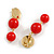 Red Acrylic Bead Gold Tone Disk Drop Earrings - 50mm L - view 2