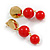 Red Acrylic Bead Gold Tone Disk Drop Earrings - 50mm L - view 4