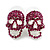 Fuchsia Crystal Skull Stud Earrings In Silver Tone - 20mm Tall