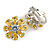 Yellow Citrine/Clear Cz Flower Clip On Earrings in Silver Tone - 17mm Diameter - view 4