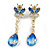 Blue/ Clear CZ Butterfly Dangle Earrings in Gold Tone - 45mm L