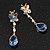 Blue/ Clear CZ Butterfly Dangle Earrings in Gold Tone - 45mm L - view 7