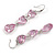 Multi Heart Pink Glass Drop Earrings in Rhodium Plating - 55mm Long - view 5