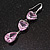 Multi Heart Pink Glass Drop Earrings in Rhodium Plating - 55mm Long - view 6