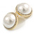 Round Faux Pearl Crystal Button Shaped Stud Earrings in Gold Tone - 23mm Diameter - view 2