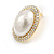 Large Faux Pearl Clear Crystal Oval Stud Earrings in Gold Tone - 30mm Tall - view 6