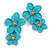 Cyan Blue Double Flower Drop Earrings in Matt Finish - 50mm Long - view 2