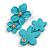 Cyan Blue Double Flower Drop Earrings in Matt Finish - 50mm Long - view 5
