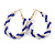 Large Blue/White Beaded Oval Hoop Earrings in Gold Tone - 50mm Tall - view 2