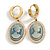 Classic Pale Blue Cameo Crystal Oval Drop Earrings with Round Closure - 40mm L