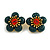 Large Dimentional Dark Green Acrylic with Red Crystal Daisy Flower Stud Earrings in Gold Tone - 35mm D - view 2