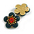 Large Dimentional Dark Green Acrylic with Red Crystal Daisy Flower Stud Earrings in Gold Tone - 35mm D - view 4