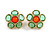 Green/Carrot Red Glass Flower Stud Earrings in Gold Tone - 25mm D - view 2