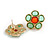 Green/Carrot Red Glass Flower Stud Earrings in Gold Tone - 25mm D - view 4
