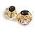 Pink/Purple Glass Stone Oval Dimentional Stud Earrings in Gold Tone - 28mm Across - view 5