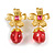 Bright Gold Tone Flower with Pink Glass Dangle Bead Clip On Eearrings - 50mm L