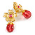 Bright Gold Tone Flower with Pink Glass Dangle Bead Clip On Eearrings - 50mm L - view 2