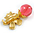 Bright Gold Tone Flower with Pink Glass Dangle Bead Clip On Eearrings - 50mm L - view 5
