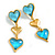 Triple Heart Drop Earrings in Gold Tone with Light Blue Acrylic Beads - 60mm Long - view 2
