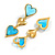 Triple Heart Drop Earrings in Gold Tone with Light Blue Acrylic Beads - 60mm Long - view 5