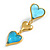 Triple Heart Drop Earrings in Gold Tone with Light Blue Acrylic Beads - 60mm Long - view 6