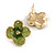 Four Petal Acrylic Flower Stud Earrings in Gold Tone in Olive Green - 20mm Across - view 2