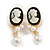 Black/White Acrylic Cameo Stud Earrings in Gold Tone - 40mm L