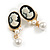 Black/White Acrylic Cameo Stud Earrings in Gold Tone - 40mm L - view 2