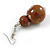 Brown/White/Gold Double Bead Wood Drop Earrings - 60mm L - view 4
