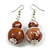 Brown/White/Gold Double Bead Wood Drop Earrings - 60mm L - view 2